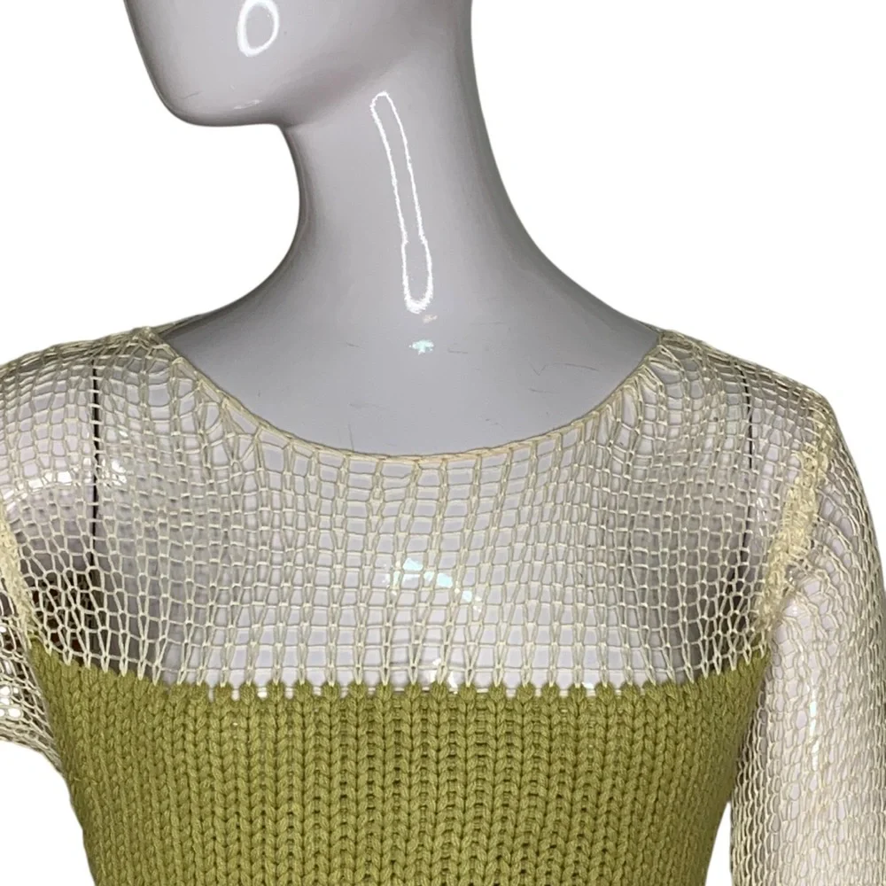 Klesis Crop Top Crochet Long Sleeve Beige Green Size S